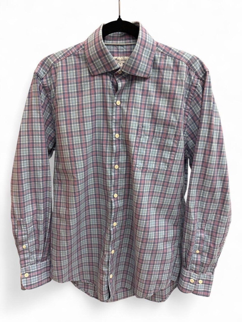 Peter Millar Blue Red Plaid Long Sleeve Button Down Shirt 100% Cotton Medium